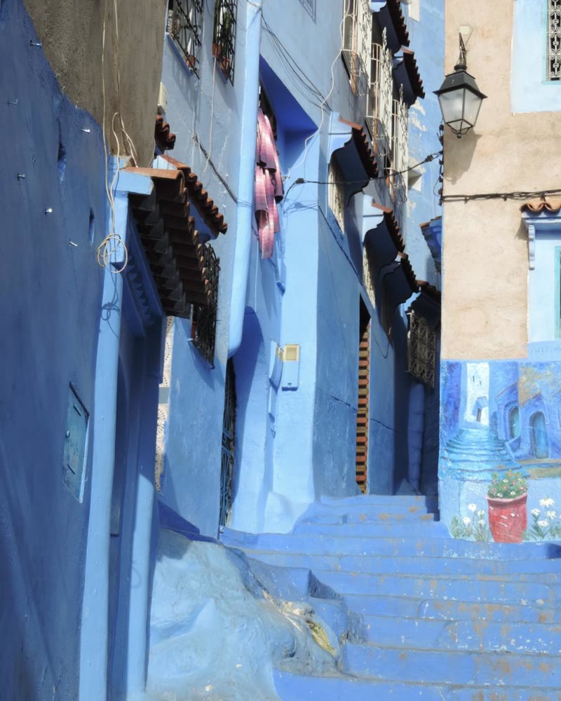 Un vicolo in salita di Chefchaouen, scale e muri dipinti di blu.